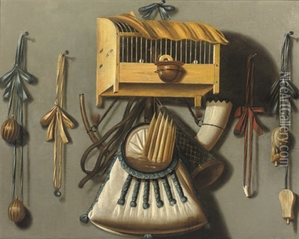A Trompe L'oeil Still Life With A Bird In A Cage Oil Painting - Johannes Leemans