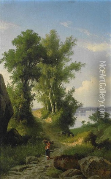Sommerliche Seelandschaft Mit Holzleserin Oil Painting - Giuseppe Falchetti
