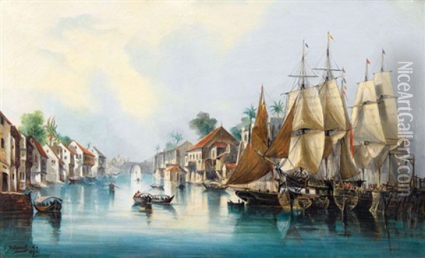 Exotische Flusspartie Mit Segelschiffen Oil Painting - Cheri Francois Marguerite Dubreuil