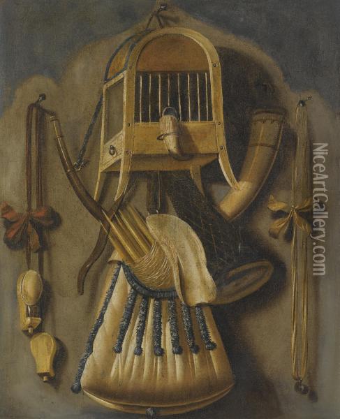 A Trompe L'oeil Still Life With A Bird Cage, A Hunting Horn, A Bird Whistle, And Other Hunting Implements Hanging On A Wall Oil Painting - Johannes Leemans