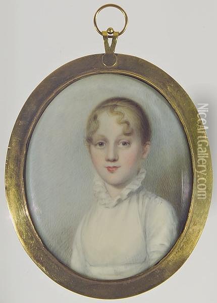 A Young Lady, Wearing White Dress With Standing Frilled Collar, Her Blonde Hair Drawn Back With Curls Falling Across Her Forehead. Oil Painting - Anson Dickinson