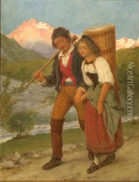 Swiss Peasants Returning Home Between Interlaken And Lauterbrunnen Oil Painting - William Gale