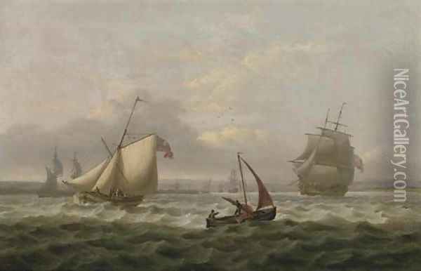 A Royal Naval cutter running ahead of a frigate in a stiff breeze off Sheerness Oil Painting - Thomas Luny