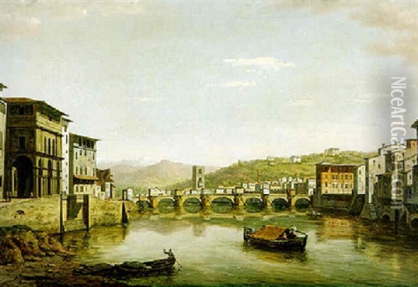 View Of Florence Up The Arno From The Ponte Vecchio To The Ponte Alle Grazie With The Entrance To The Uffizi On The Left Oil Painting - William Marlow