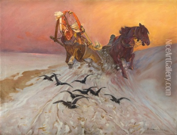 Crows And A Sleigh Oil Painting - Stanislaw Bohusz-Siestrzencewicz