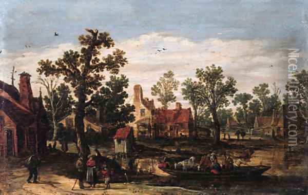 A village by a river with peasants and cattle on a ferry setting out from a landing stage, in summer Oil Painting - Jan van Goyen