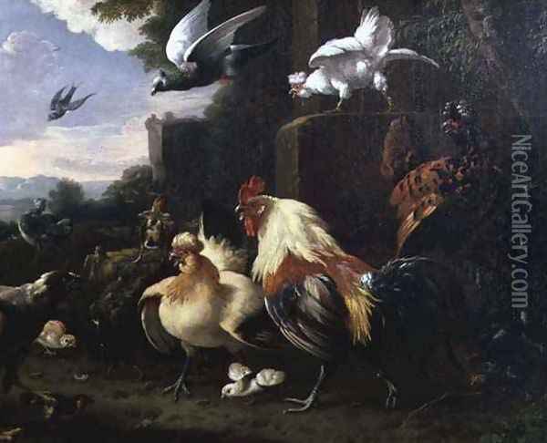 A cockerel and other fowl in a landscape Oil Painting - Melchior de Hondecoeter