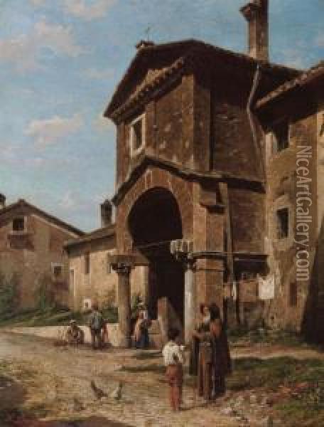 Figures In An Italian Village Oil Painting - Luigi Bazzani