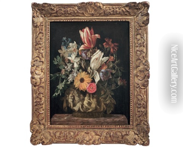 Fleurs Coupees Dans Un Vase De Pierre Orne De Putti Oil Painting - Maria van Oosterwyck