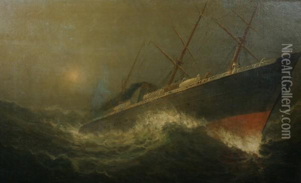Freighter On Stormy Seas Oil Painting - Wesley Webber