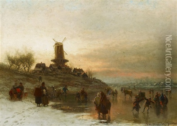 Winterabend Mit Schlittschuhlaufern Auf Dem Eis Oil Painting - Friedrich Josef Nicolai Heydendahl