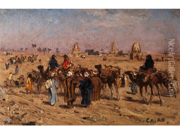 Kamelkarawane Vor Den Toren Kairos Oil Painting - Edmund Beringer