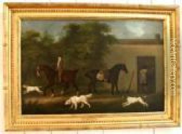 Huntsmen, Horses And Hounds By A Stable Oil Painting - John Nost Sartorius