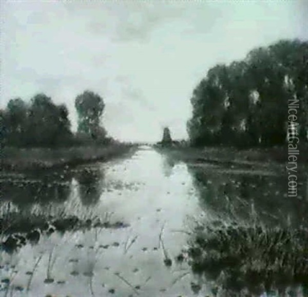 Flusslandschaft Mit Windmuhle Im Hintergrund Oil Painting - Hans Nikolaj Hansen