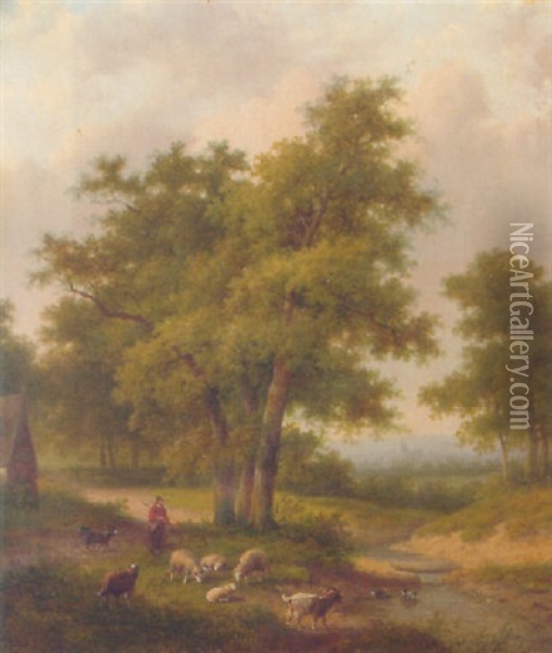 A Shepherd And His Flock In A Wooded Landscape Oil Painting - Jan Evert Morel the Younger
