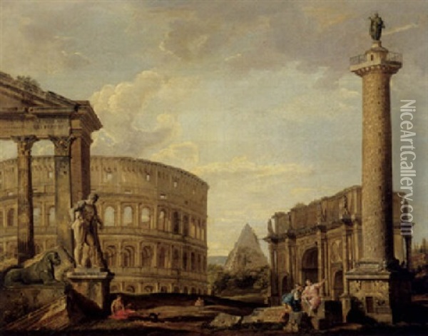 An Architectural Capriccio With Ruins From Ancient Rome, The Colosseum, The Pyramid Of Cestis, Trajan's Column And The Farnese Hercules Oil Painting - Giovanni Paolo Panini