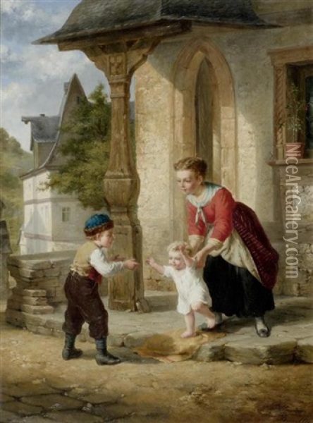 Mutter Mit Ihren Kindern Vor Dem Haus Oil Painting - Ferdinand de Braekeleer the Elder