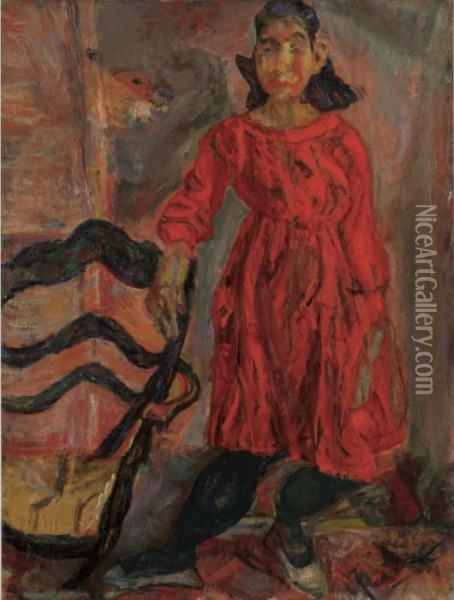 Femme En Rouge Appuyee A Un Fauteuil Oil Painting - Chaim Soutine