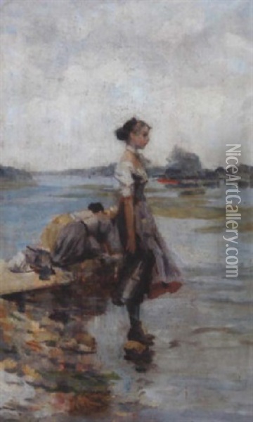 Uferlandschaft Mit Wascherinnen Und Madchen Mit Wasserkrug Oil Painting - Giovanni Boldini