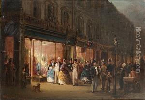 Street Scene With Figures Outside A Milliners Oil Painting - George Hepper