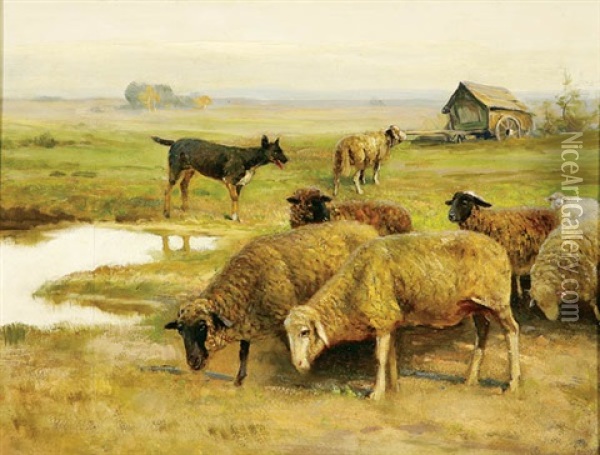 Sheep Grazing Oil Painting - Fritz Grebe