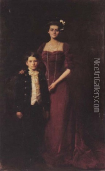 Portrait Of Princess Thurn Und Taxis, Nee Leyda Fitzgerald, Standing With Her Son John Oil Painting - Sir John Longstaff