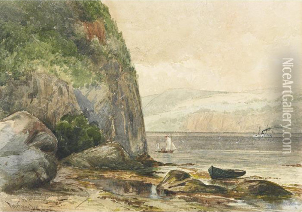View On The St. Lawrence At Low Tide, With Paddlewheel Steamer In The Distance Oil Painting - Farquhar Mcgillivr. Knowles