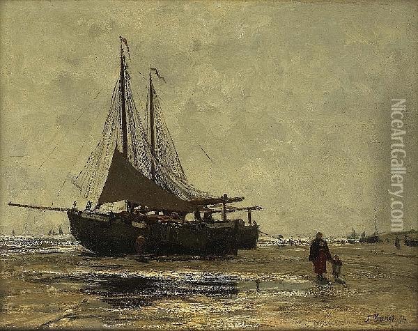 Beached Fishing Vessels Oil Painting - Jacob Henricus Maris