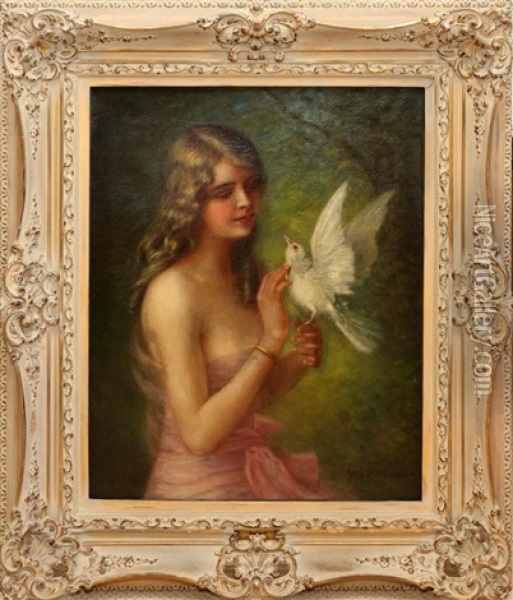 Girl In A Pink Dress With A Dove Oil Painting - William E. Plimpton