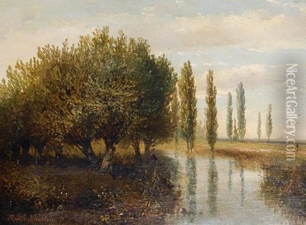 A River Landscape (+ A Cottage With A Windmill Beyond; Pair) Oil Painting - Hermanus Jan Hendrik Rijkelijkhuysen