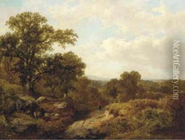A Wooded Landscape With A Figure On A Path Oil Painting - John Clayton Adams