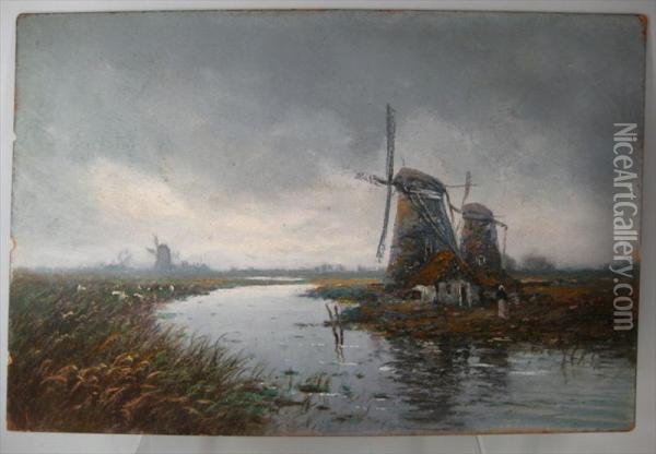 Landscape With Windmill And Figures Oil Painting - Paul R. Koehler
