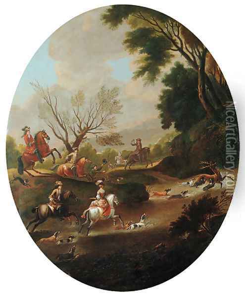 A stag hunt in a wooded river landscape Oil Painting - Jan Wyck