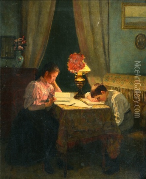 Hard Working (by The Evening Lamp) Oil Painting - Arvid Liljelund