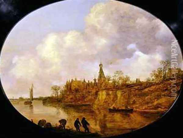 Three Fishermen Hauling a Net and Baskets on the Bank of a River Landscape with a Castle and Village in the Distance Oil Painting - Jan van Goyen