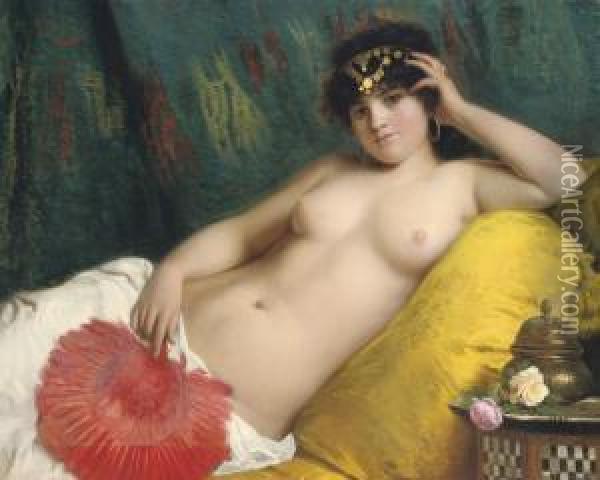An Odalisque With A Red Fan Oil Painting - Giovanni Costa
