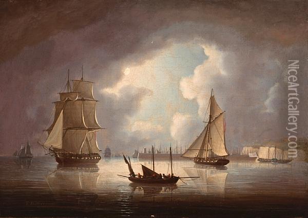 A Calm Before The Squall Off A Englishharbor Oil Painting - Thomas Buttersworth