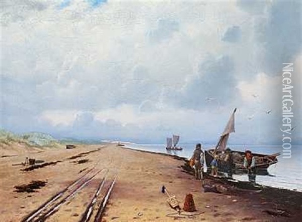 Fiskere Med Deres Fangst Ved Deres Bad. Pa Strandbredden Ligger Sildehajer Oil Painting - Oscar Herschend