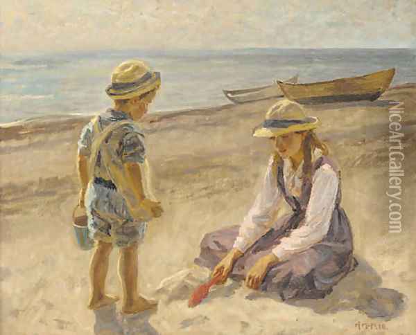 On the beach Oil Painting - Johannes Martin Fastings Wilhjelm