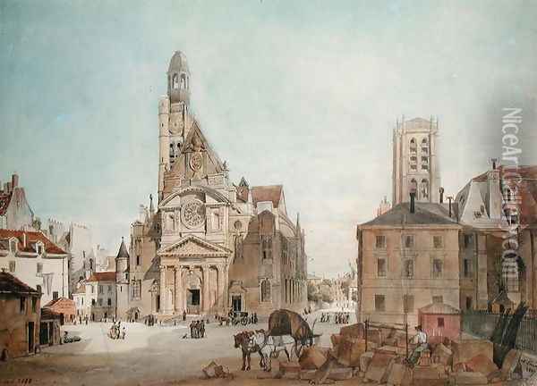 Facade of the Church of St. Etienne du Mont, Paris, 1837 Oil Painting - Pierre Achille Poirot