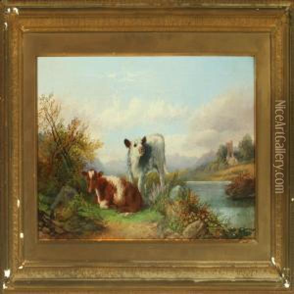 Mountainlandscape With Calves Oil Painting - George W. Horlor