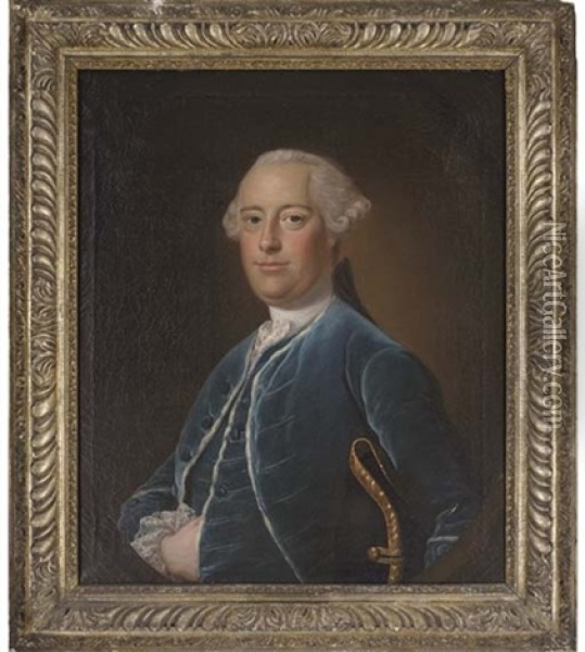 Portrait Of A Gentleman Of The Bastard Family, Of Kitley, Devon, In A Blue Coat And Waistcoat, A Tricorn Under His Left Arm Oil Painting - Thomas Bardwell