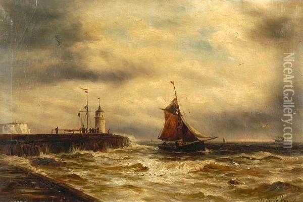 Fishing Boat Leaving Dover In Rough Seas Oil Painting - Gustave de Breanski