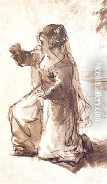 A Kneeling Woman In An Attitude Of Surprise: Study          For An Annunciation Oil Painting - Ferdinand Bol