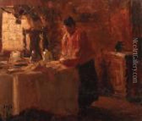 Woman In A Dutch Interior Setting The Table Oil Painting - Evert Pieters