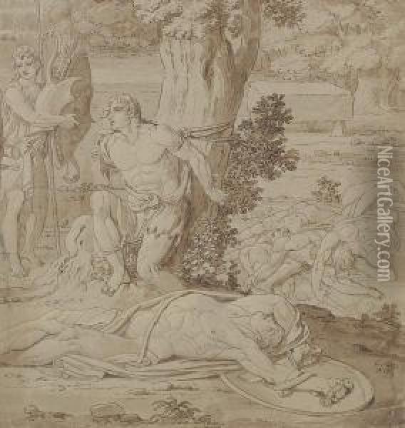 Classical Scene, Possibly Apollo And Marsyas Oil Painting - Conrad Martin Metz