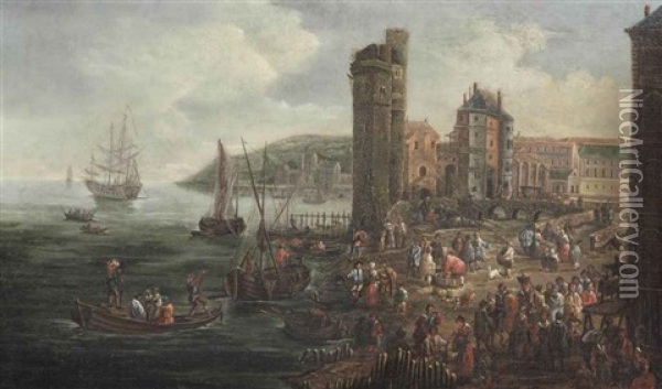 A View Of A Harbour With A Fish Market Oil Painting - Pieter Casteels the Younger