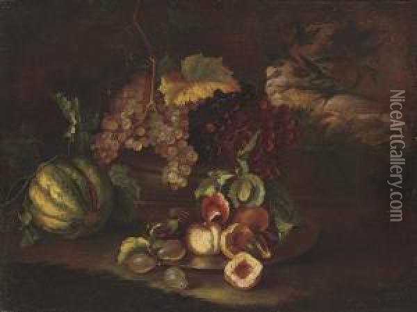 Grapes On The Vine, Peaches, Figs, Pears And A Melon, By A Column, In A Landscape Oil Painting - Michele Pace Del (Michelangelo di) Campidoglio