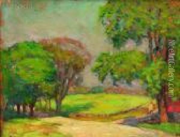 Trees, Road, And Single Figure Oil Painting - Robert Henry Logan