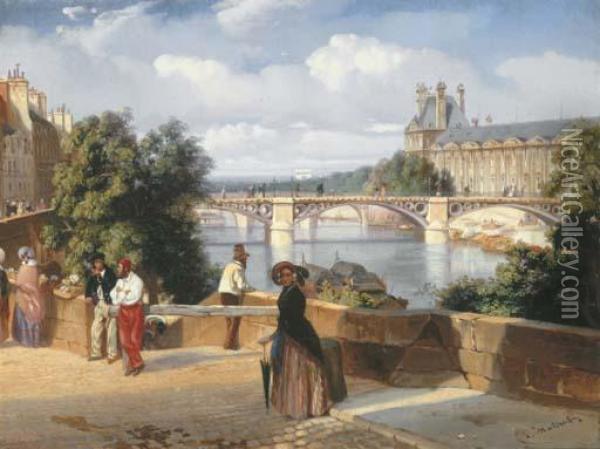 Elegant Figures By The Pont-des-arts, Paris, With The Palais Du Louvre Beyond Oil Painting - Louis Matout